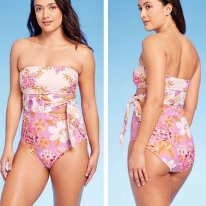 NWT Kona Sol Pink Floral Cutout Bandeau One Piece Swimsuit